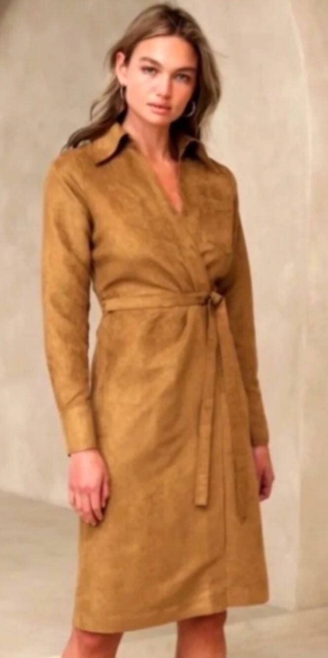 Banana Republic Tan Vegan Suede Long Sleeve Wrap Midi Dress Preppy Elegant Sz 2